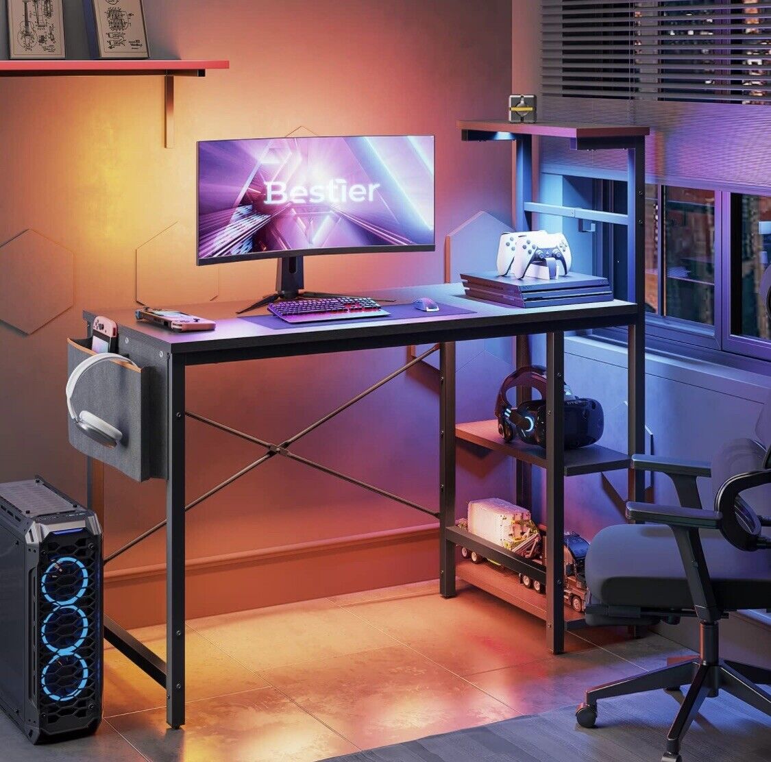 Bestier Computer Desk with LED Lights, 4 Tiers Shelves, 44 Inches Office Desk