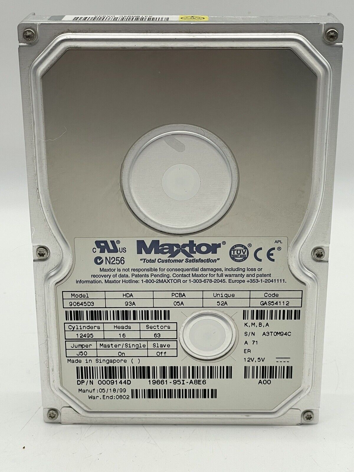 Vintage Maxtor 9144D 6.4GB 3.5  IDE Hard Drive Dell 90645D3