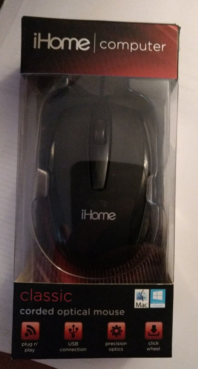 NEW iHOME CLASSIC CORDED OPTICAL MOUSE IH-M600R BLACK NEW 