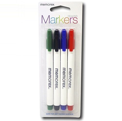 Memorex CD & DVD Markers 4 Pack - Green, Black, Red, Blue For Any CD/DVD