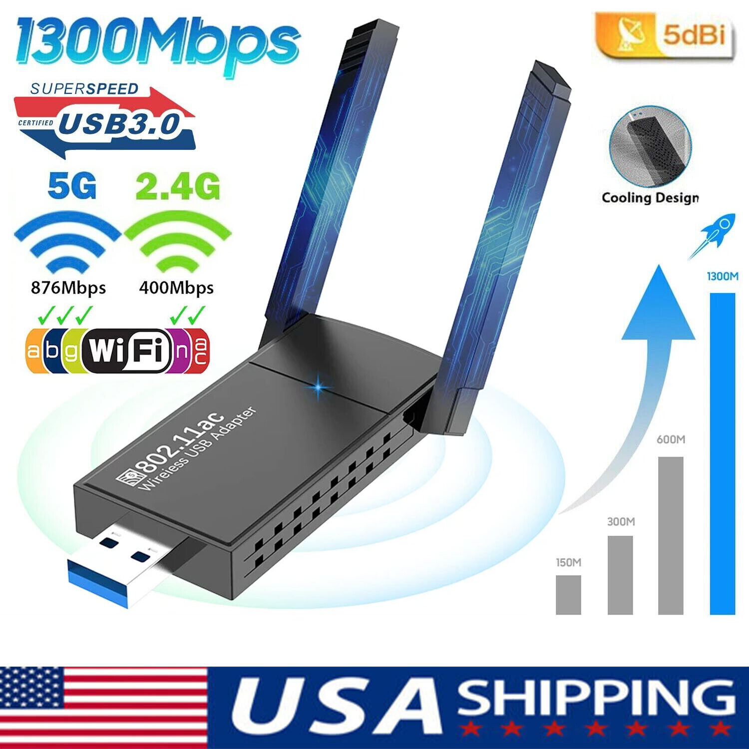 USB 3.0 Wireless WIFI Adapter 1300Mbps Long Range Dongle Dual Band 5Ghz Network