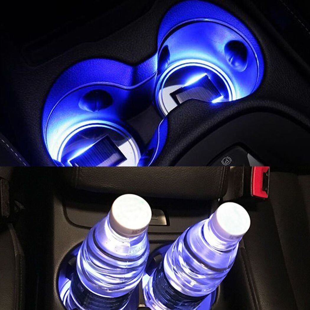 2X Solar Cup Holder Bottom Pad LED Light Cover Trim Atmosphere Lamp For All car