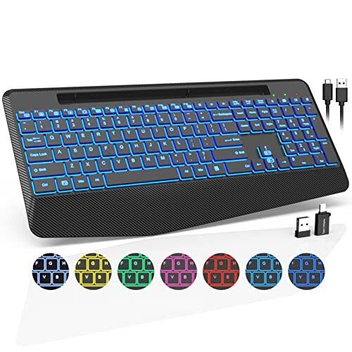 Trueque Wireless Keyboard with 7 Color Backlit Wrist Rest Phone Holder Rechar...
