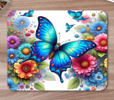 3D Blue Butterfly with Flowers Mouse Pad | 3D Look Desk Accessories picture