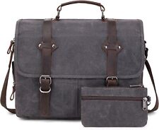 Vintage Messenger Bag 15.6 Inch Waterproof Genuine Leather Waxed Canvas Black  picture