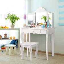 NNECW Kids Dressing Table Set with Stool & Mirror for Children Ages 3-7-White picture