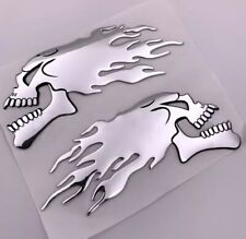 NEW Pair of 6” 3D Silver Metallic Flaming Skulls Car Laptop Phone Sticker Decal picture