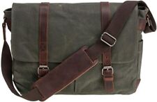Vintage Genuine Leather Waxed Canvas Briefcase Large Satchel Army Green  picture