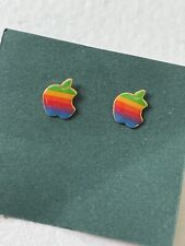 VTG Apple Macintosh Mac Computer Rainbow Logo Post Stud Earrings Emblem RARE picture