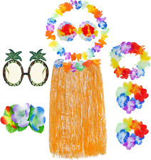 8 Pieces Hawaiian Hula Grass Skirt Costume Set Accessory Kit Elastic Hawaiian Fl picture
