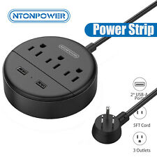 Flat Plug Power Strip with USB Ports 5ft Short Extension Cord 3 Outlet and 2 USB picture