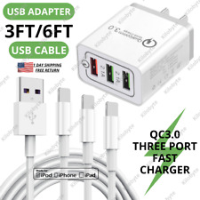 USB Cable 3Ports QC Fast Wall Charger Adapter For iPhone 13 12 11 Pro Max 8 7 XR picture