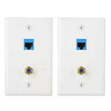 2x Cat6 RJ45 Ethernet + F Type Coax Cable Coupler Wall Plate Gold Plated White picture