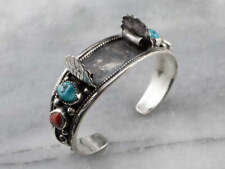 Navajo Turquoise Coral Sterling Silver Watch Band Cuff picture