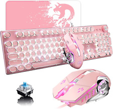 Pink Typewriter Keyboard and Mouse,Retro Vintage Mechanical Gaming Keyboard with picture