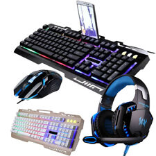 Gaming Keyboard Mouse Headset Combo LED Rainbow Backlit Headphone Mic Phone Hold picture