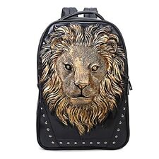 3D Animal Head Backpack, Studded PU Leather Cool Laptop One Size, Lion-gold  picture