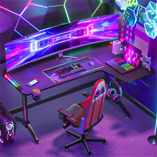 Right Corner Gaming Desk w/ LED Lights Large RGB Computer PC Table Carbon Fibre picture