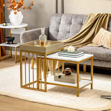 NNECW 2PCS Space-saving Sofa Side Table Set with Faux Marble & Linen-like Top fo picture