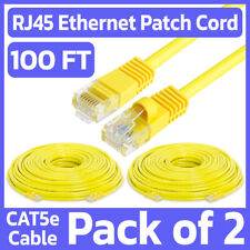 2 Pack Cat5e Patch Cord Yellow 100 Feet Lan Ethernet Cable Network Internet RJ45 picture