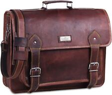 Hulsh Vintage 18 Inch Leather Briefcase for Men Large Pocket Leather Messenger picture