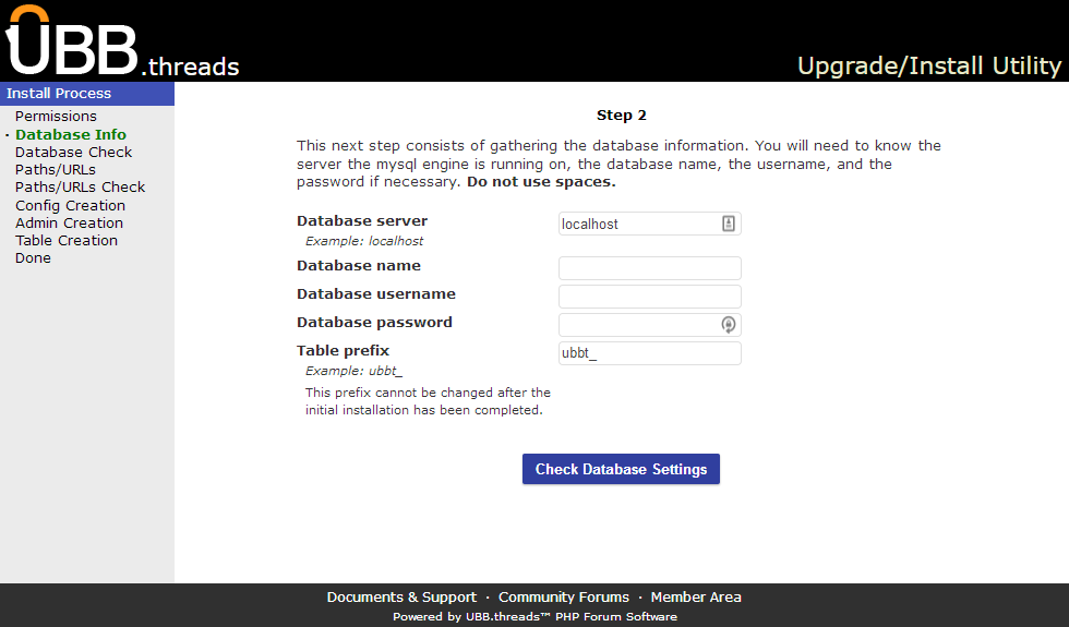 Database Info screen