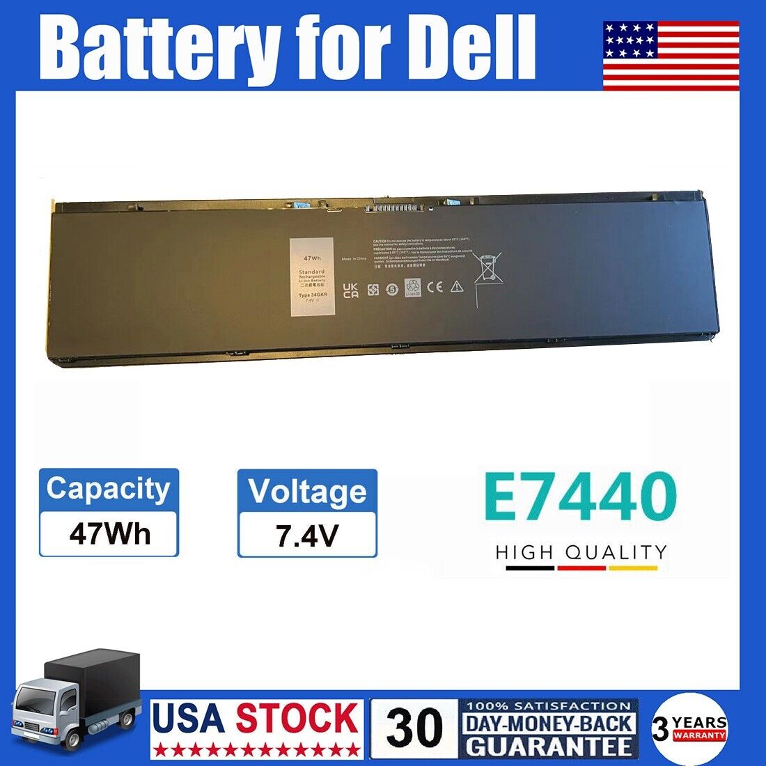34GKR E7440 Battery For Dell Latitude 14 7000 E7450 PFXCR 451-BBFT Notebook 47Wh