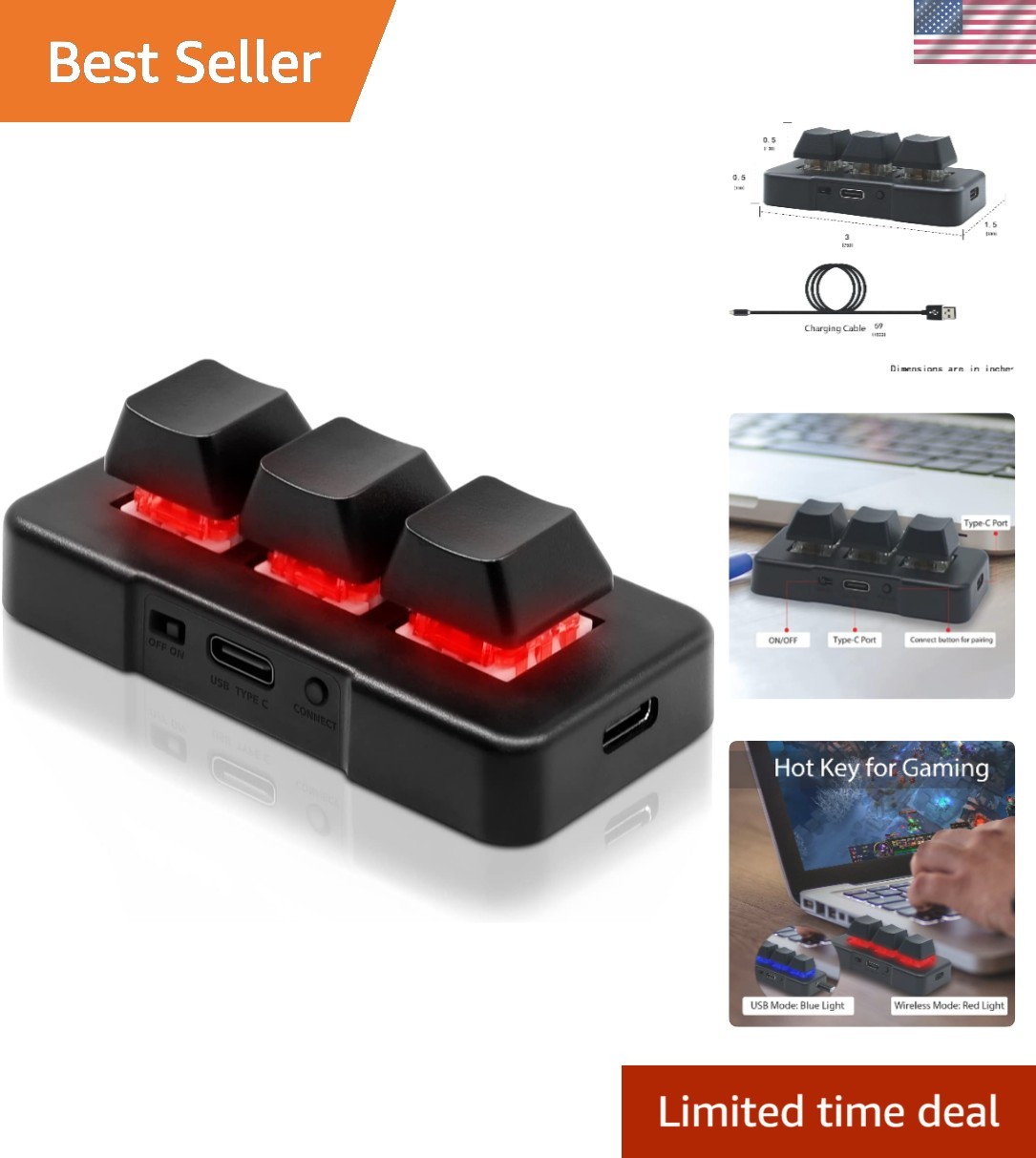 Programmable 3 Key Mini Keypad - Versatile Wireless Keyboard for Gaming & Work
