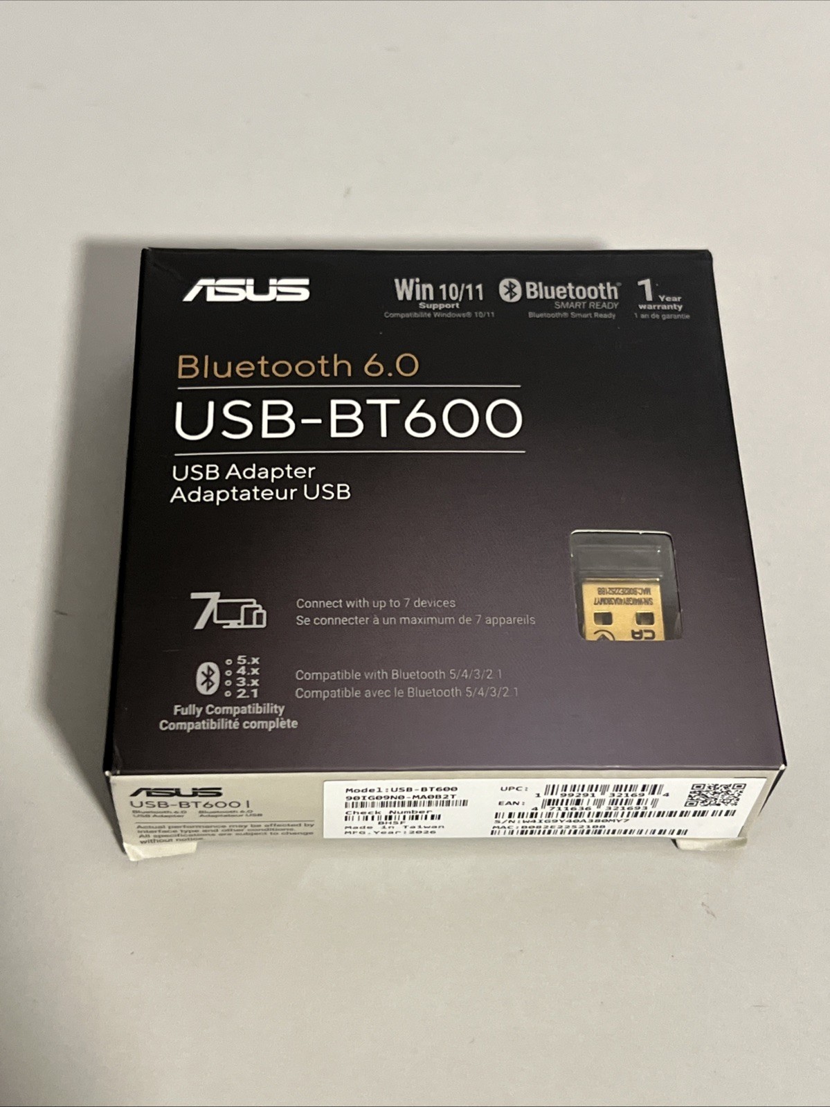ASUS USB-BT600 Bluetooth 6.0 USB Adapter for PC, Windows 10/11, Black
