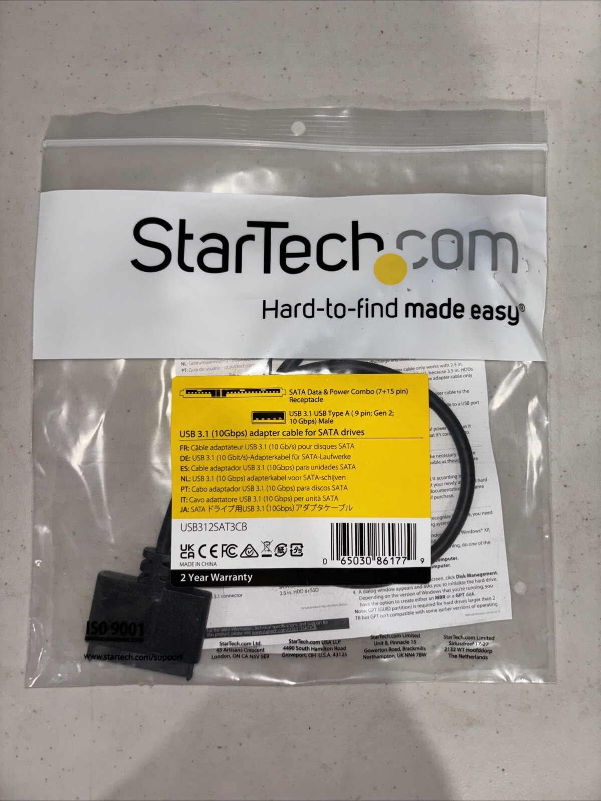 StarTech SATA Data & Power Combo 3.1 To 2.5 Cable Hard Drive Adapter NEW 