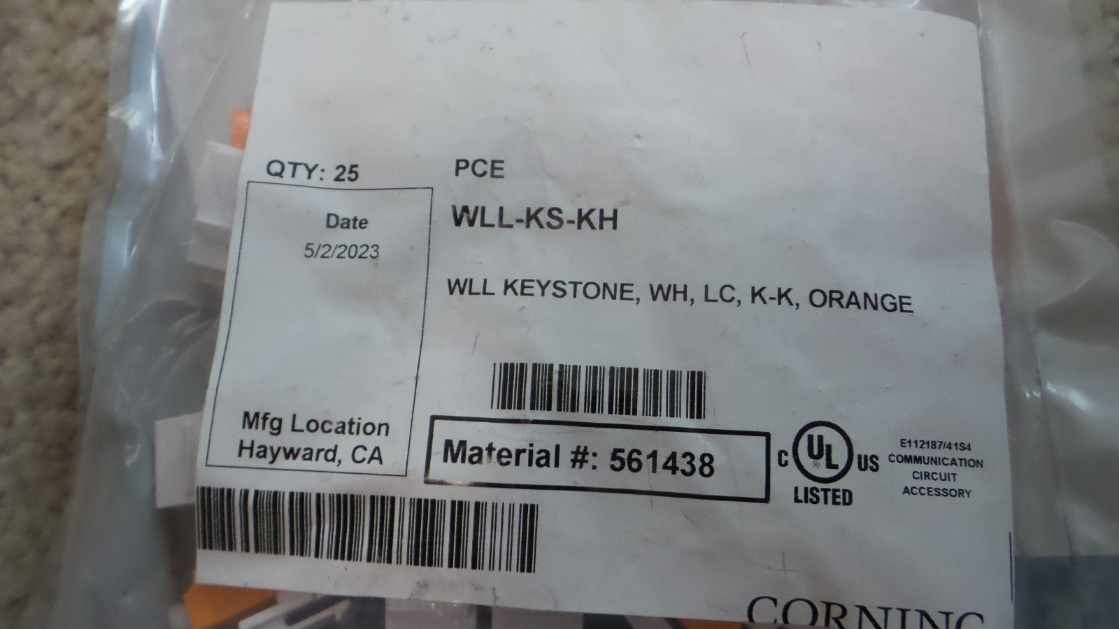 Corning WLL-KS-KH  KEYSTONE ,WH ,LC K-K, ORANGE PACK OF 25