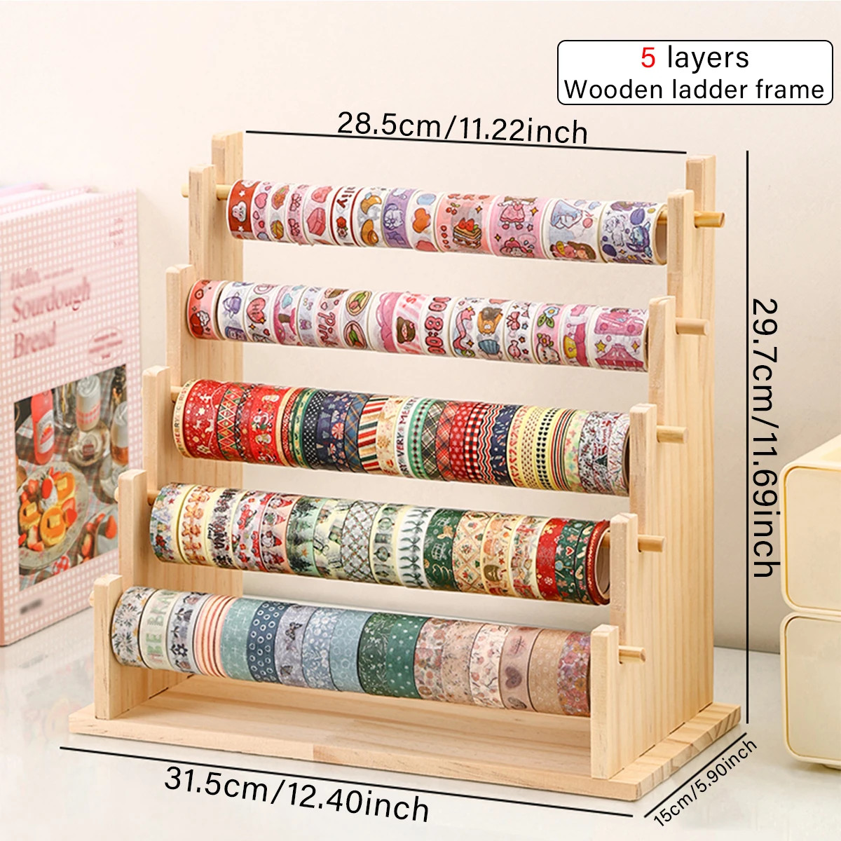 1pc Multifunctional Wooden Tape and Sticker Storage Rack Suitable for Necklace