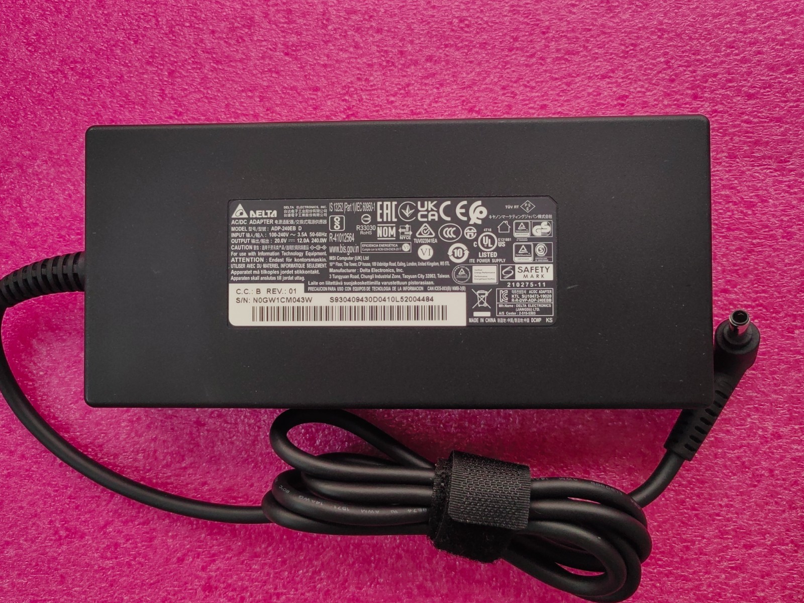 ADP-240EB D 4.5mm Pin 240W For MSI GS66 Stealth 12UH-285US Delta 20V 12A Genuine
