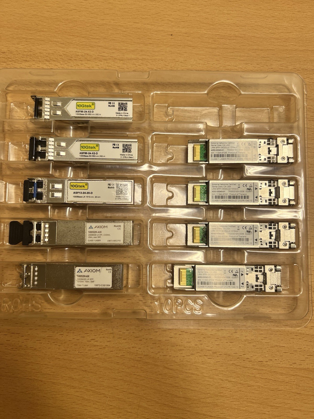  fiber optic transceiver modules, specifically 10Gtek and Axiom SFP+ modules 