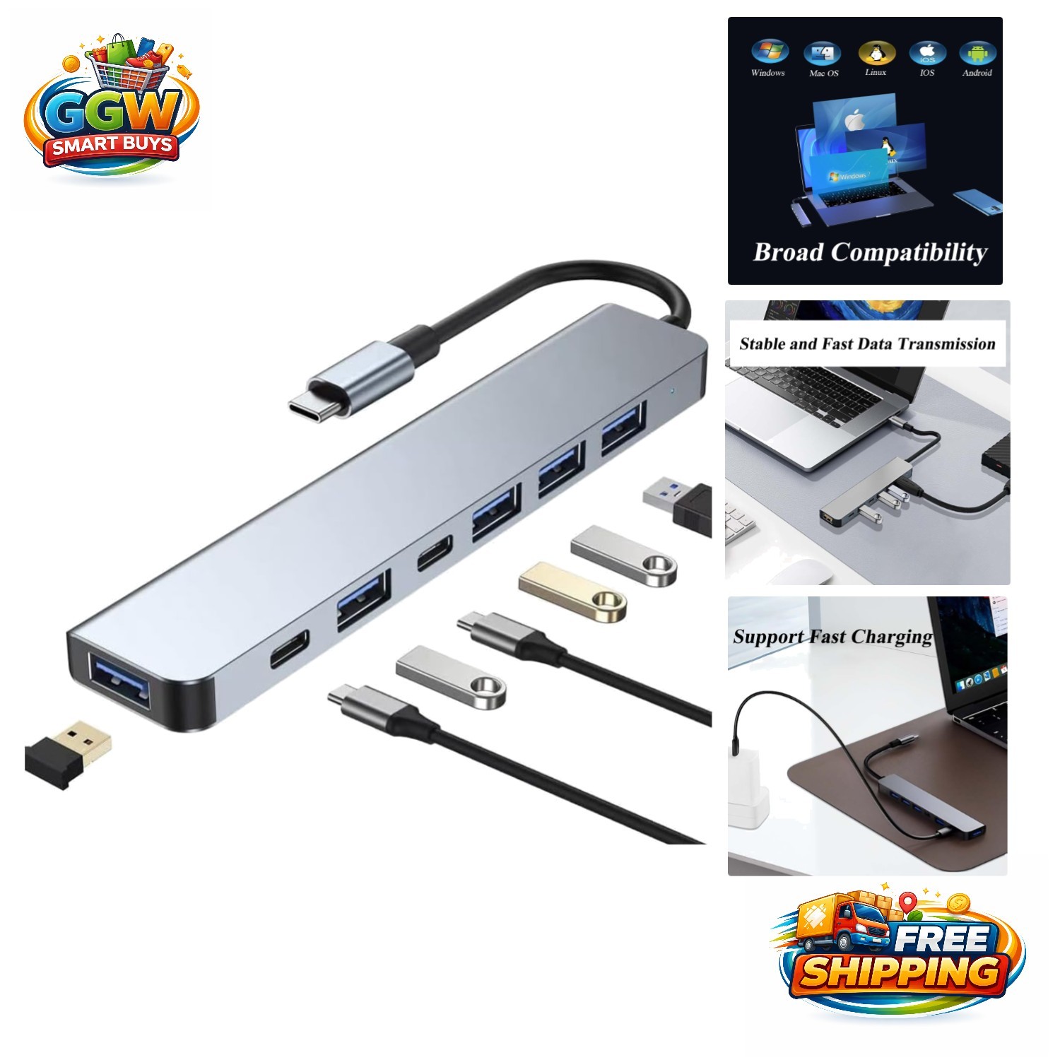 Versatile 7 in 1 USB C Adapter - Fast Charging and Data Transfer for All Devices