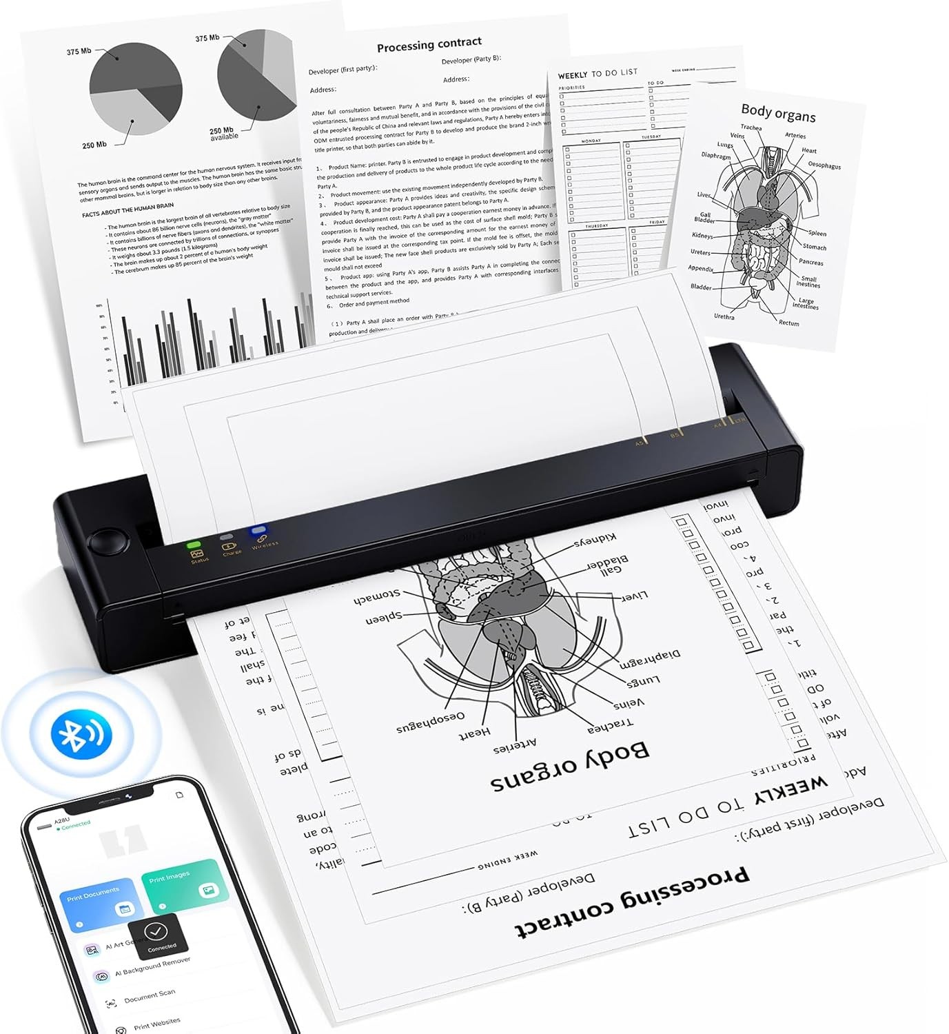 Portable A4 Printer Wireless Inkless Thermal Printer for Travel office US Letter