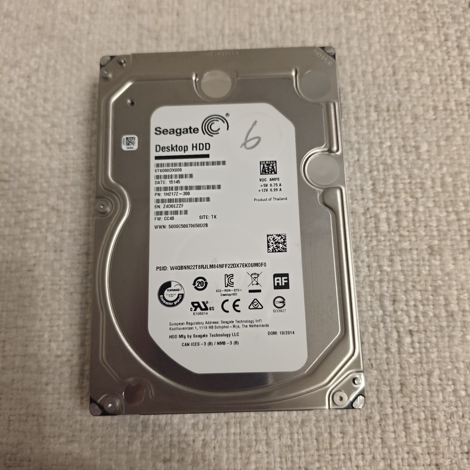 Seagate ST6000DX000 6TB Desktop HDD, P/N: 1H217Z-570 F/W: CC48 TK