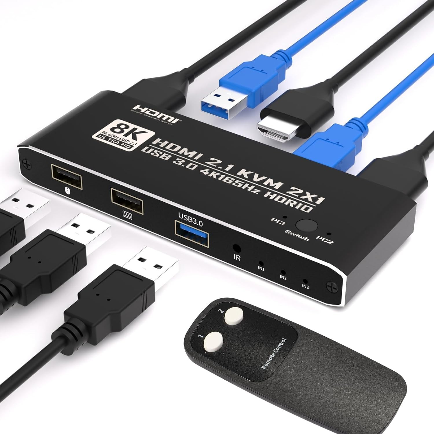 KVM Switch HDMI 2 in 1 Out for 1 Monitor 2 Computers USB 3.0 Hub with IR Remote