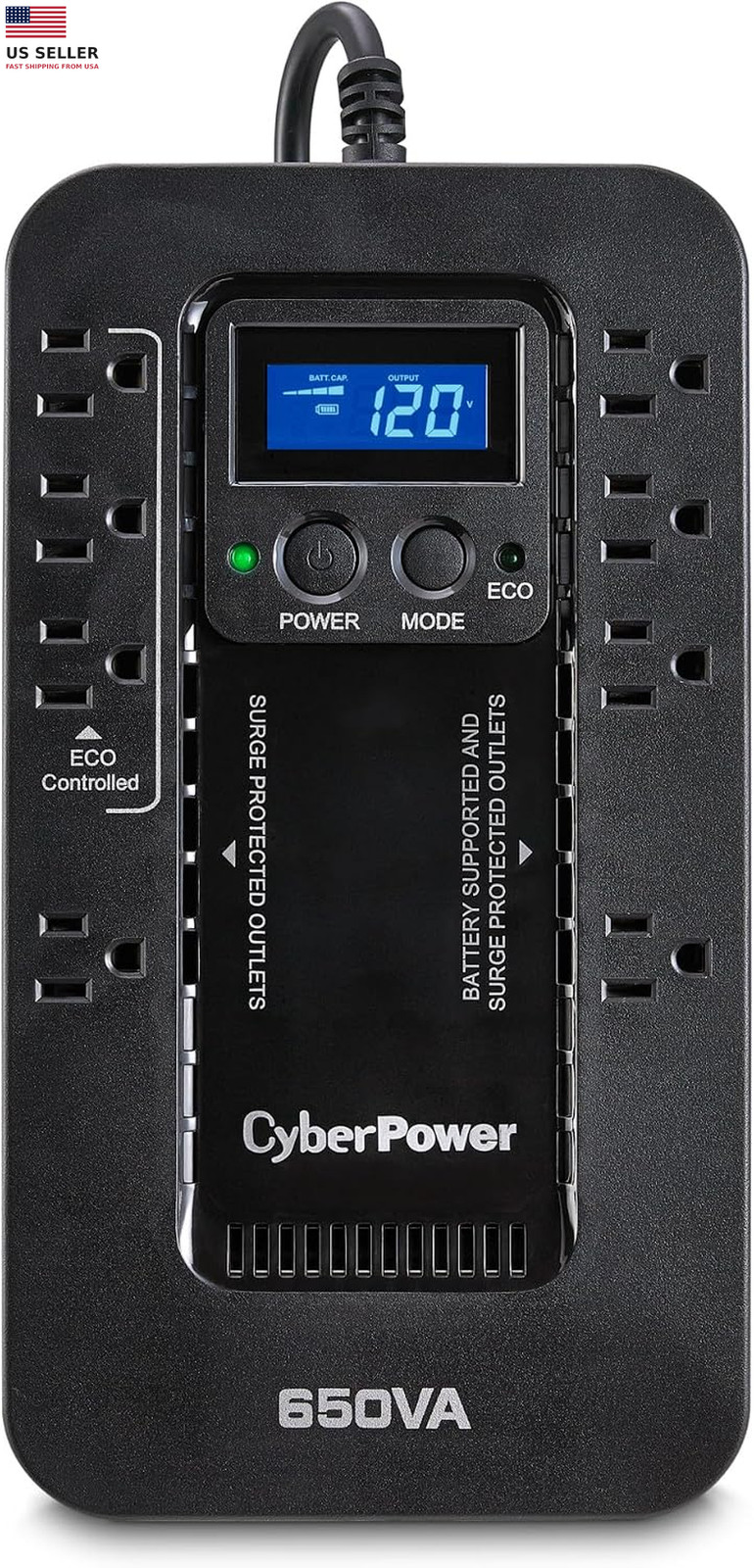 EC650LCD Ecologic Battery Backup & Surge Protector UPS System, 650VA/390W, 8 Ou