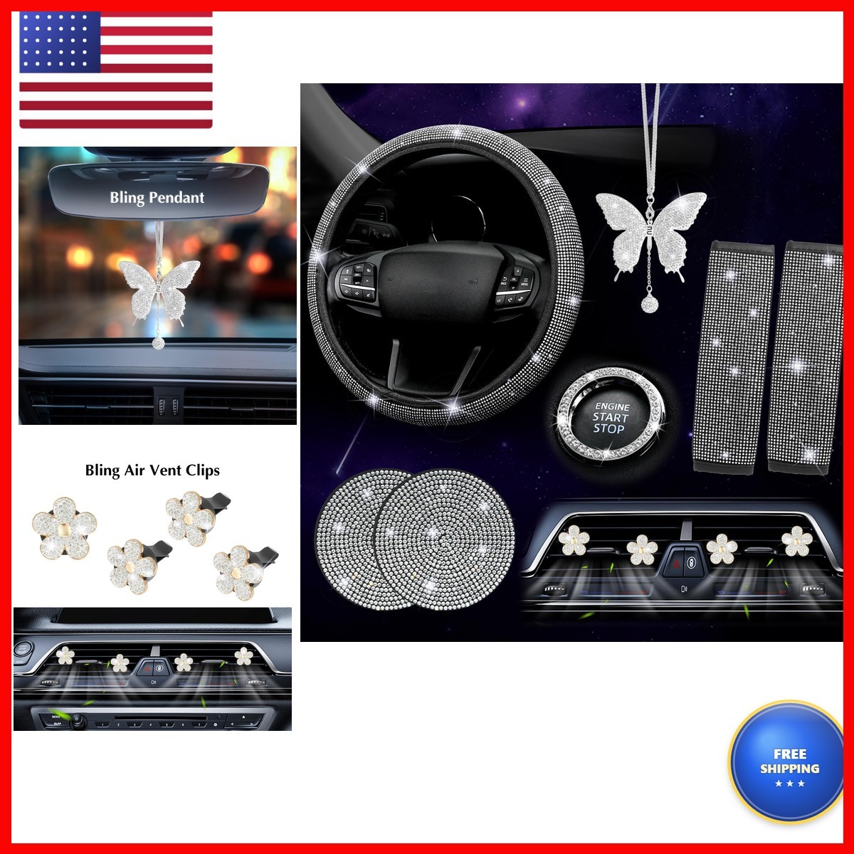 ARTILAURA 11PCS Bling Car Accessories Set For Women Steering Cover AR-A0007-W
