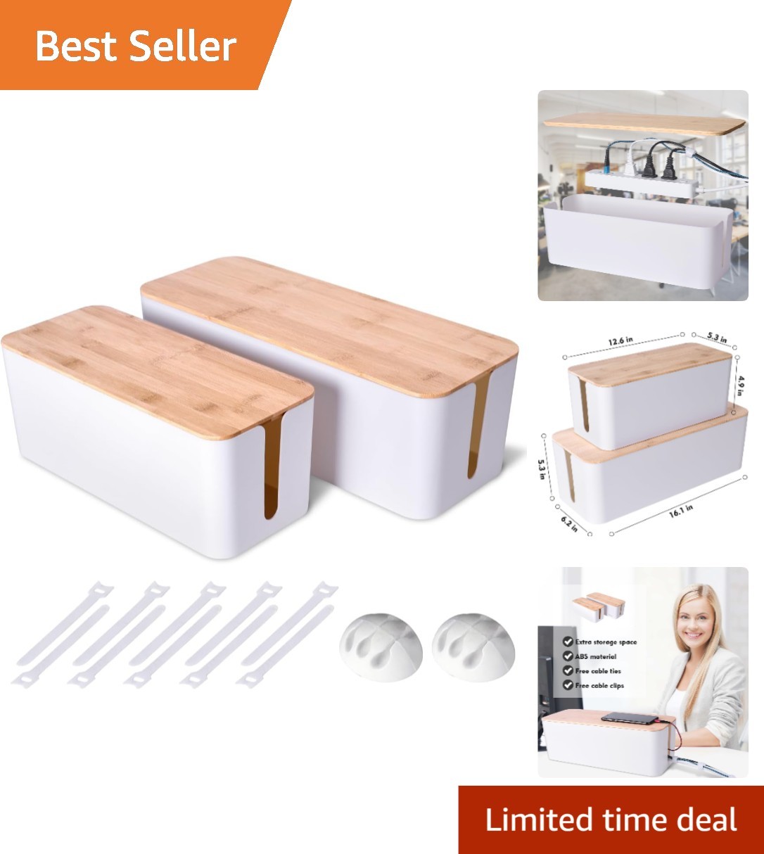 2 Pack Wooden Style Cable Management Box Set - Safe & Elegant Cord Organizers
