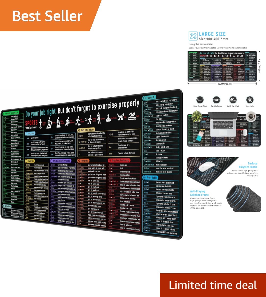 Thick Extended Mouse Pad 35.4x15.75in with Excel Shortcuts - Washable Design