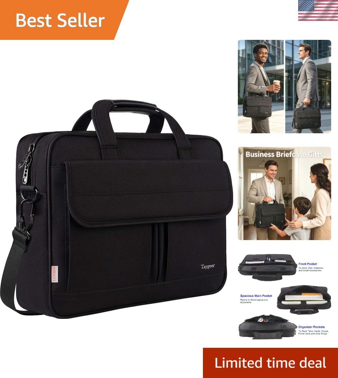 Water-Resistant 15.6 Inch Laptop Briefcase - Adjustable Strap for Convenience