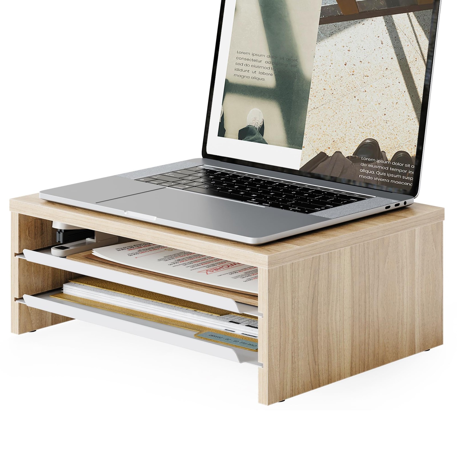 3Tier Monitor Stand Riser SlideOut Tray Wooden Metal Organizer Office