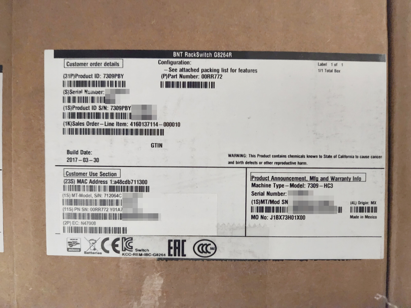 Lenovo / BNT RackSwitch G8264 48-Port 10GbE / 40GbE Switch 7309-HC3 7120-64C