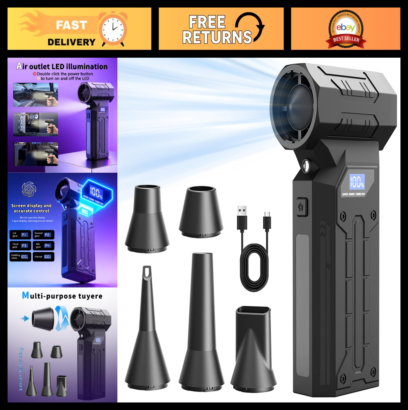 High-Power Electric Air Duster 150,000 RPM, Rechargeable 5200mAh, Adjustable Blo