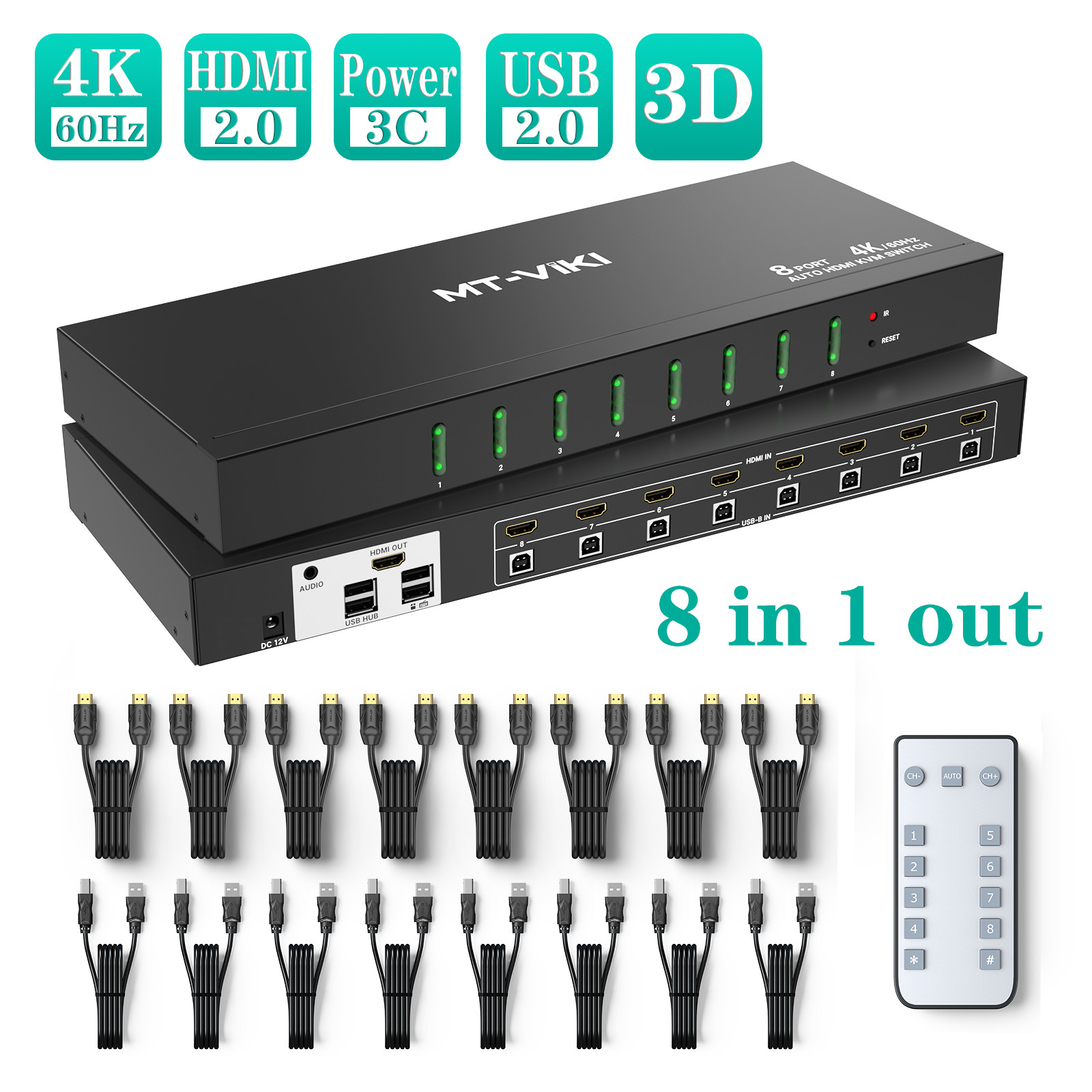 MT-VIKI 8 Port HDMI KVM Switch 4K@60HZ w/3.5mm Audio 1U Rack Mount For Mouse PC