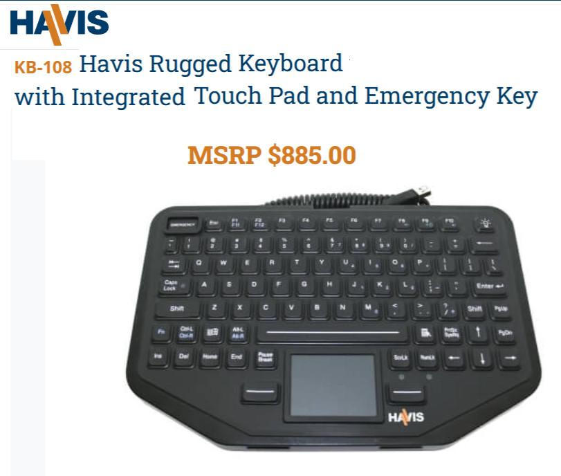 Genuine KB-108 Havis Rugged Keyboard with Integrated Touch Pad and Emergency Key