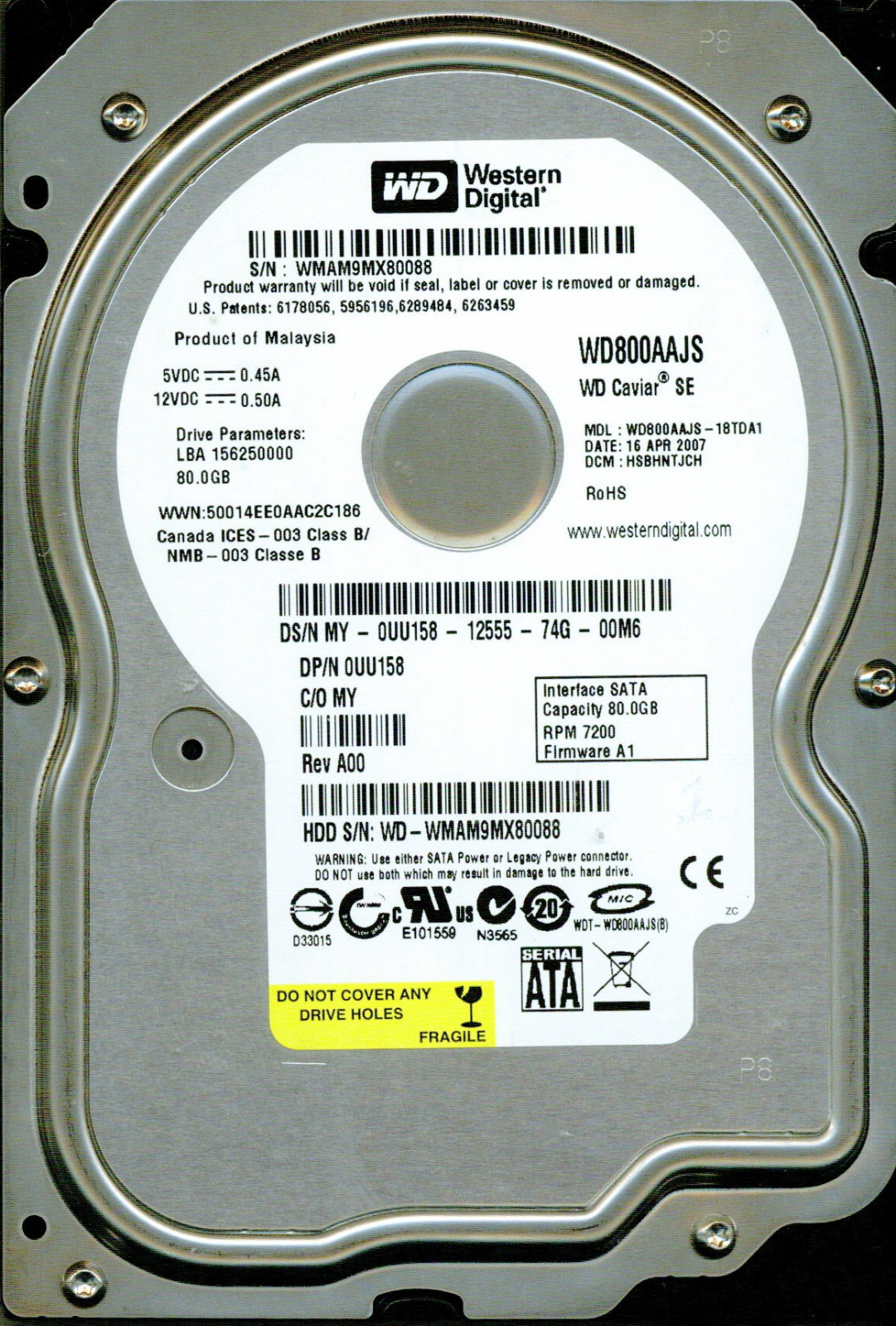 WESTERN DIGITAL SATA 80GB WD800AAJS-18TDA1 DCM: HSBHNTJCH