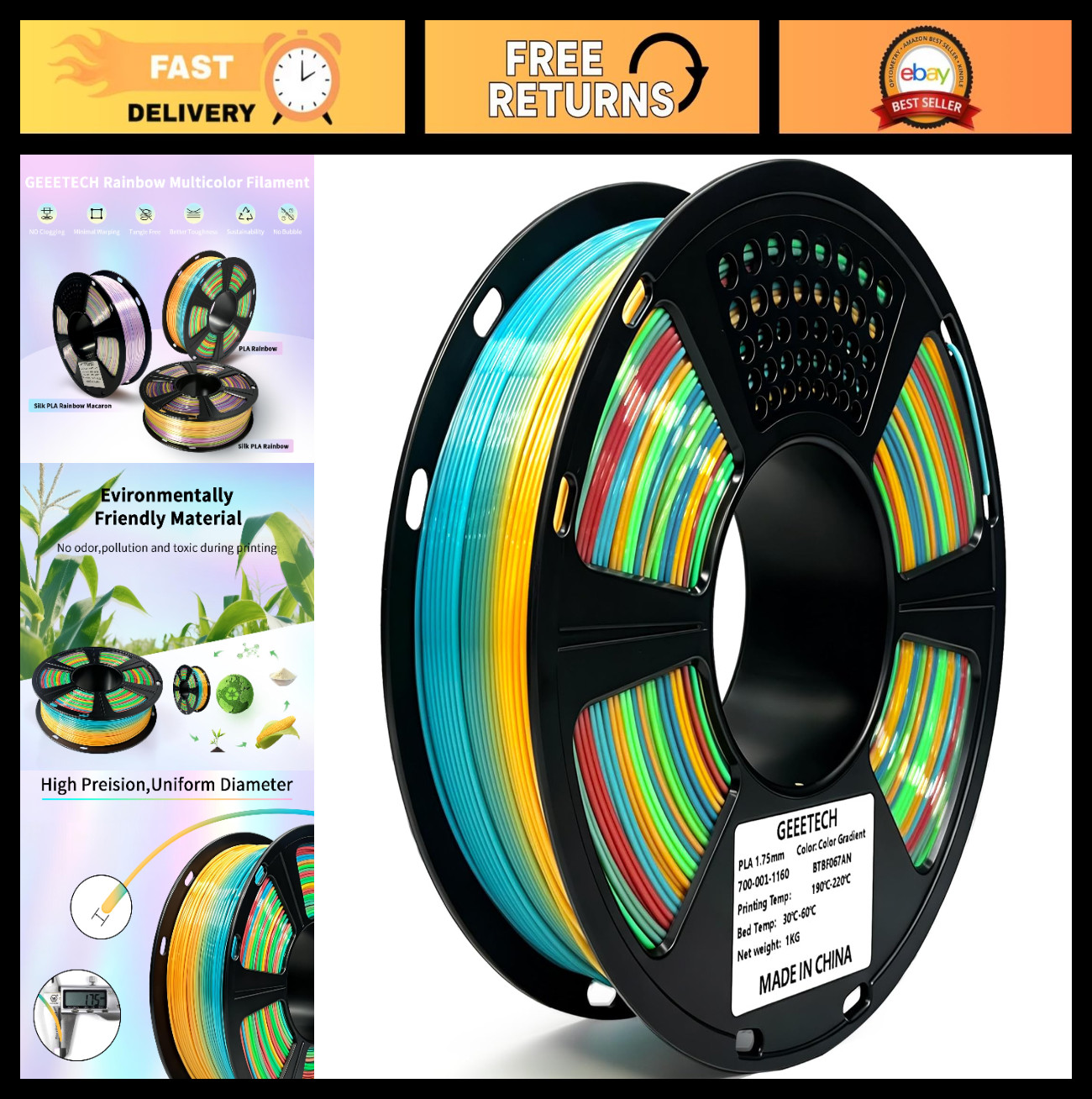 Multicolor 3D Printer Filament 1.75mm, Color Changing PLA, 1kg Spool, High Accur